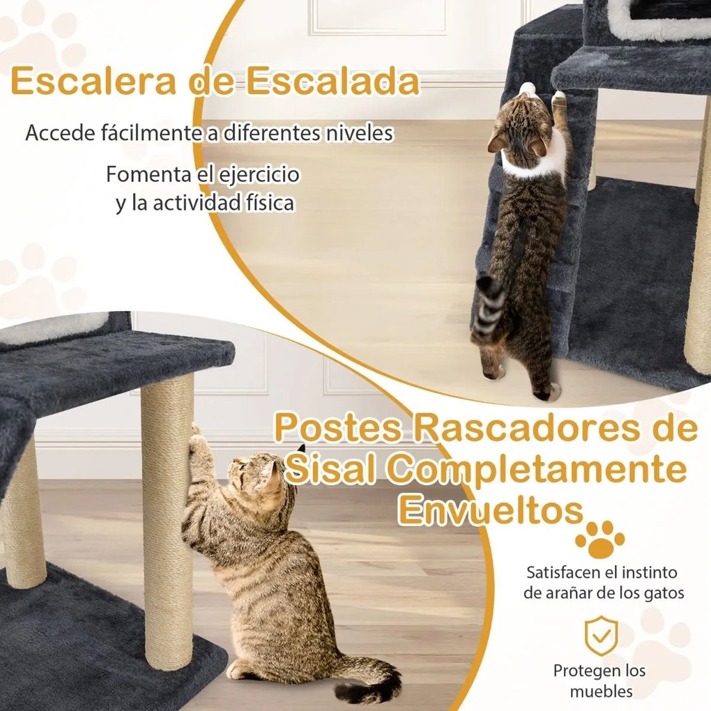 Arranhador para gatos moderna de 90 cm Árvore para gatos de 3 níveis com telhado que pode ser aberto Postes de arranhar em sisal Escada para gatos Tor