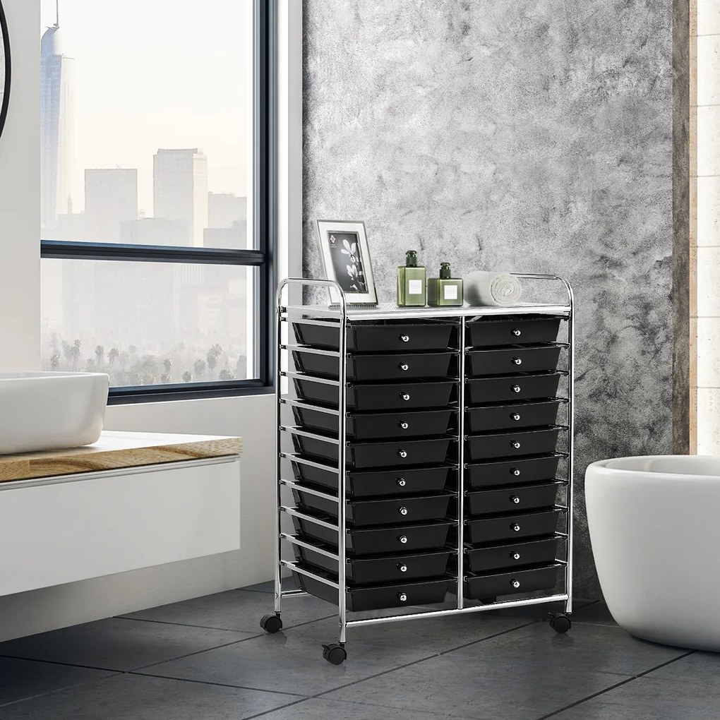 Carrinho com 20 gavetas multiusos leve  64 x 39 x 88 cm Preto