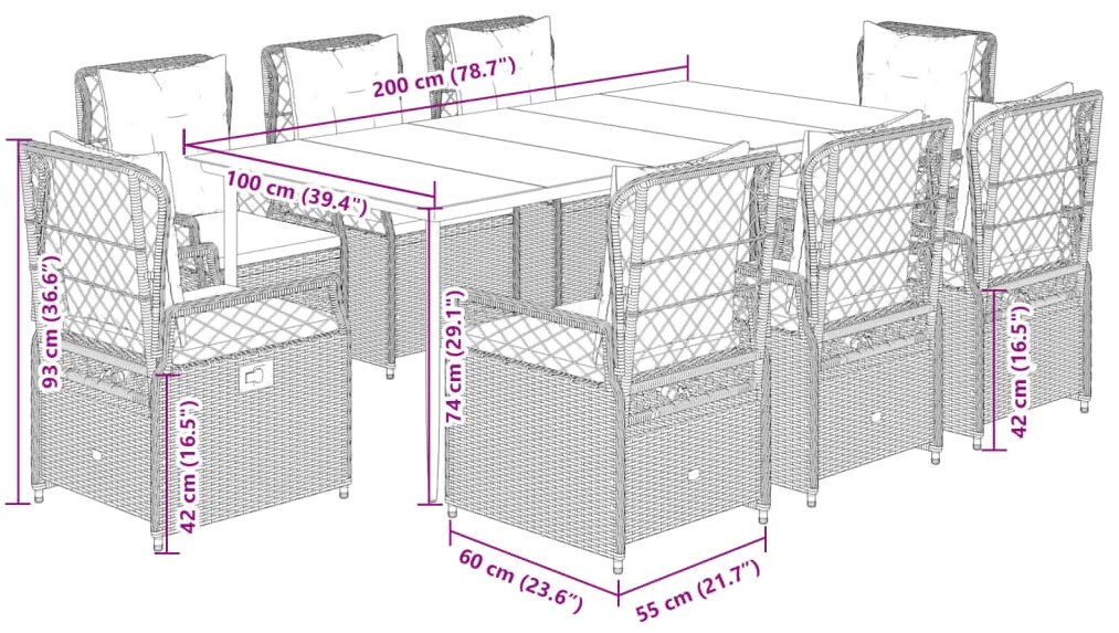 9 pcs conjunto de jantar p/ jardim c/ almofadões vime PE cinza