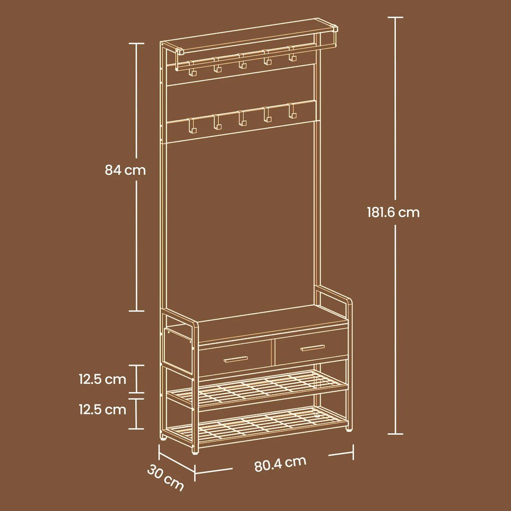Movel entrada Hall com banco para sapatos e 10 ganchos 30 x 80,4 x 181,6 cm Castanho vintage-Preto
