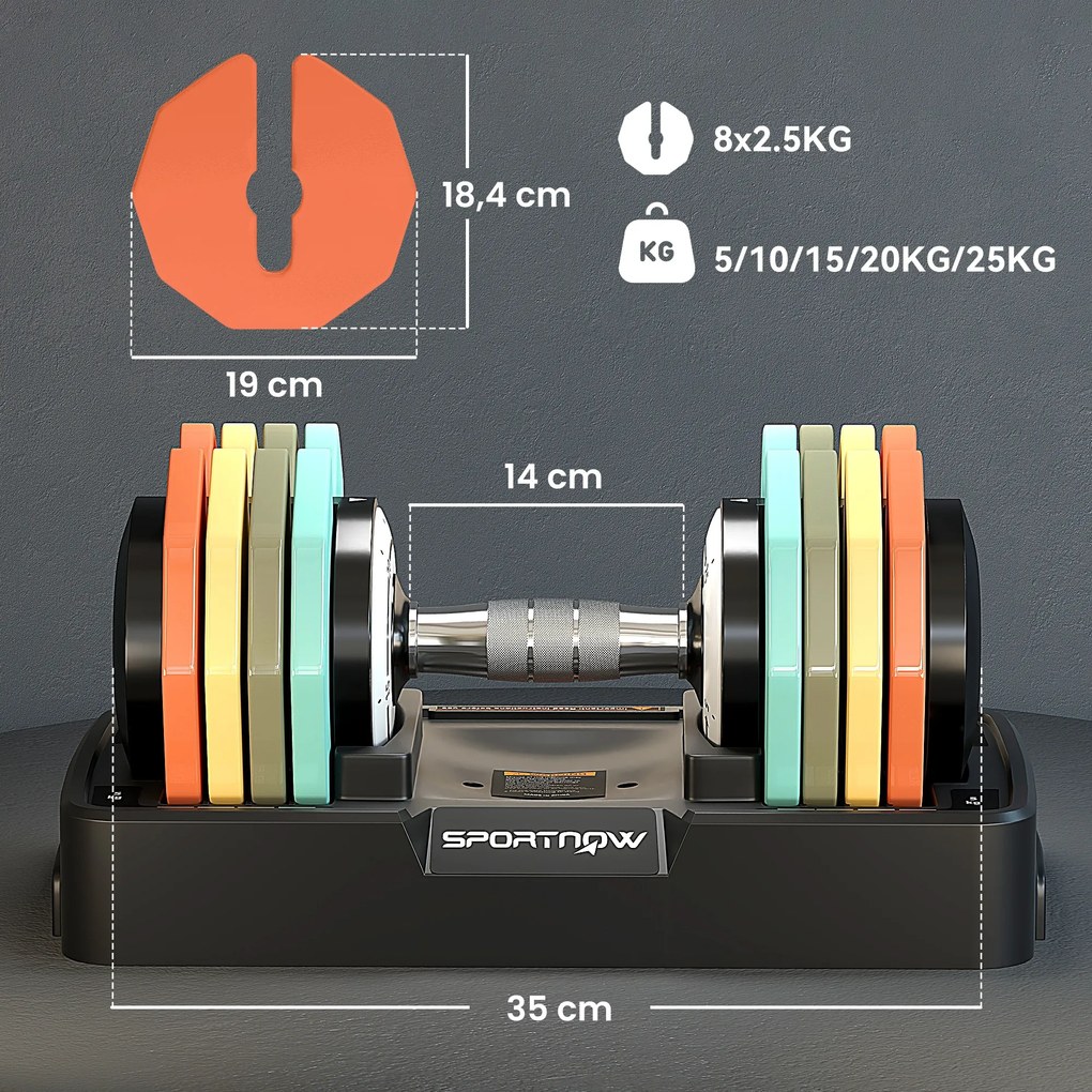 Haltere Ajustável 5 em 1 de 5 a 25 kg com Base de Armazenamento e Pega Antideslizante para Casa Ginásio Multicolor
