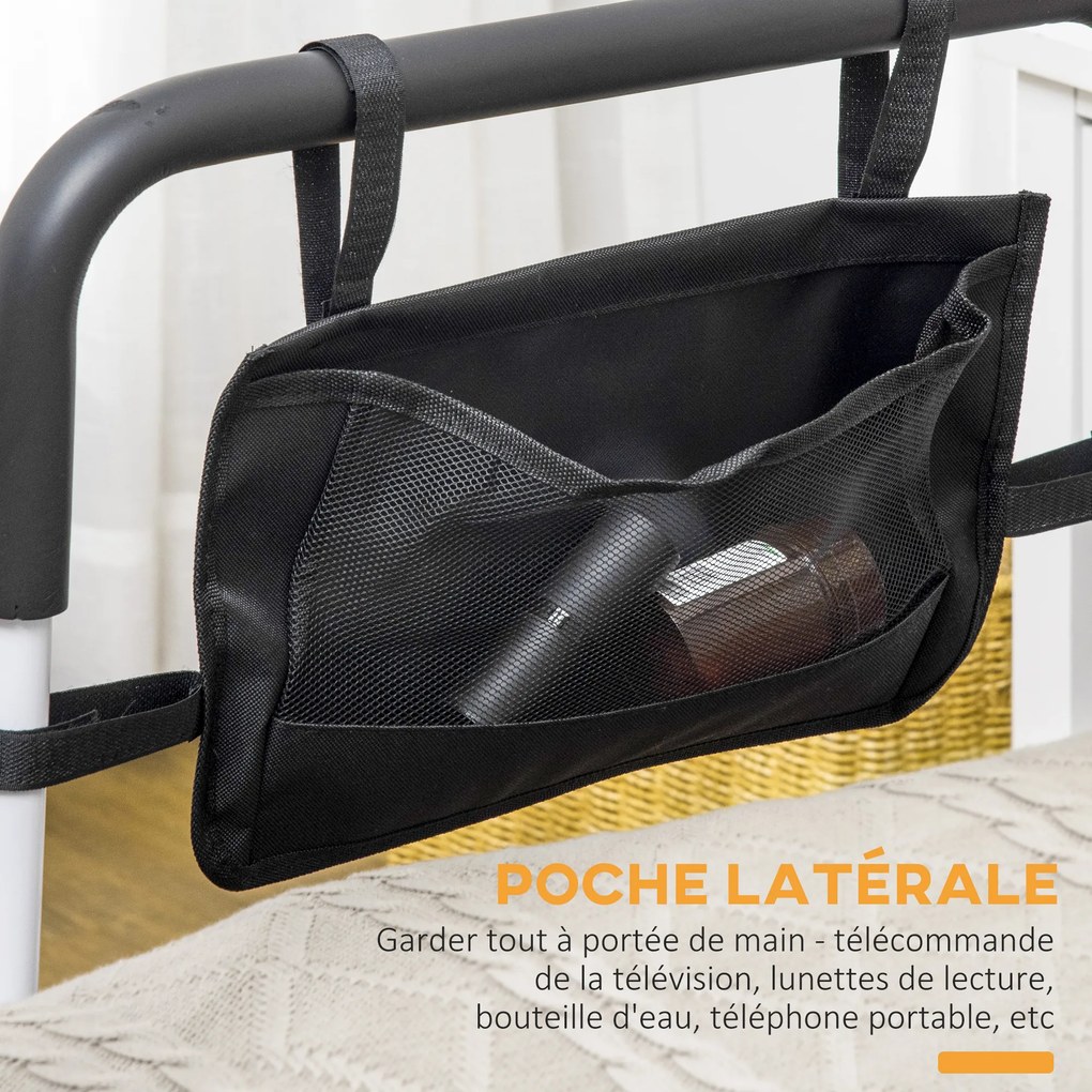 Barra de apoio para cama com pés, proteção ajustável em 5 alturas, bolso de arrumação, 52 x 85-95 x 71-102 cm, branco e preto