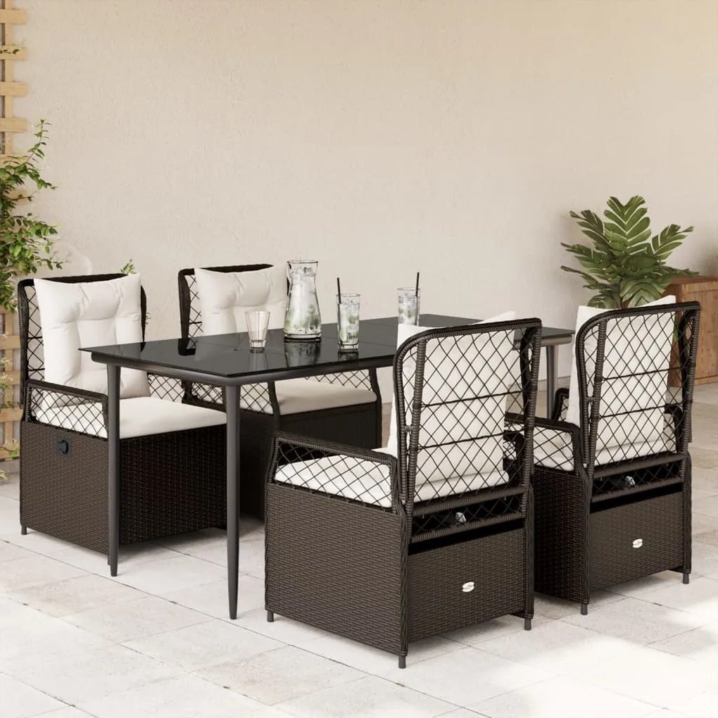 vidaXL 5 pcs conjunto jantar p/ jardim c/ almofadões vime PE castanho