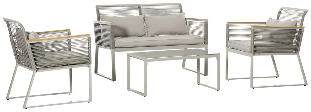 Conjunto de Móveis de Jardim Vime 4 Peças Sofá Duplo 2 Poltronas Individuais e Mesa de Centro com Vidro com Almofadas para Exterior Terraço Cinza