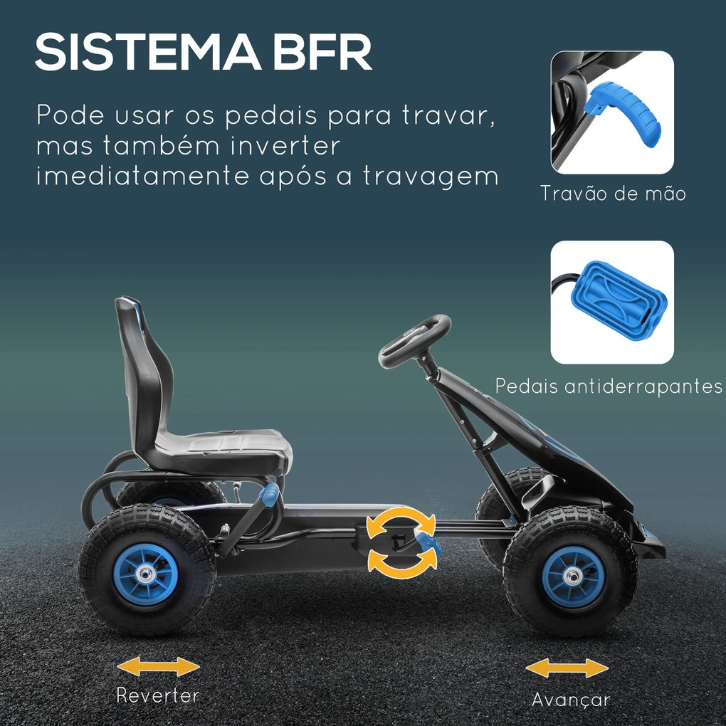 HOMCOM Kart a Pedais para Crianças 5-12 Anos Kart a Pedais Infantil com Assento Ajustável Pneus Insufláveis Amortecimento e Travão de Mão Carga Máx. 50kg 121x58x61cm Azul