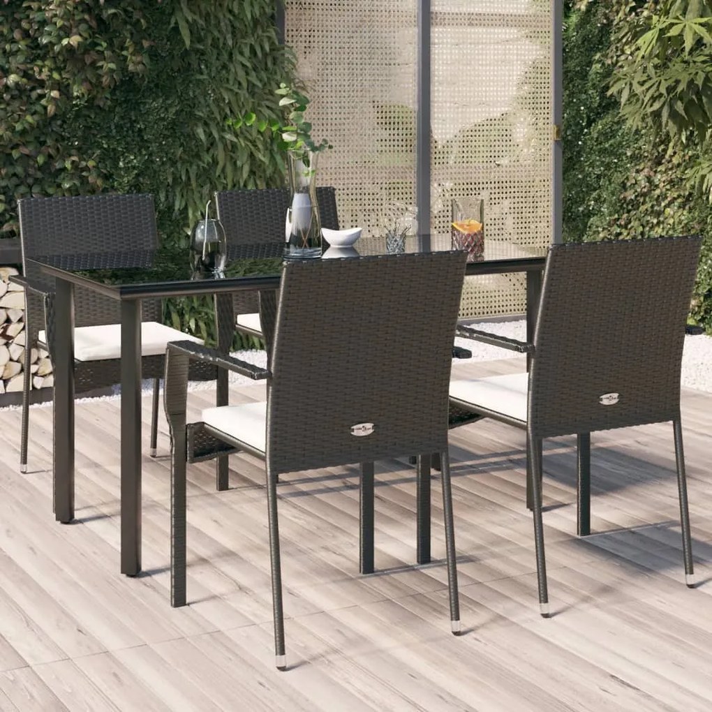 vidaXL 5 pcs conjunto de jantar p/ jardim c/ almofadões vime PE preto