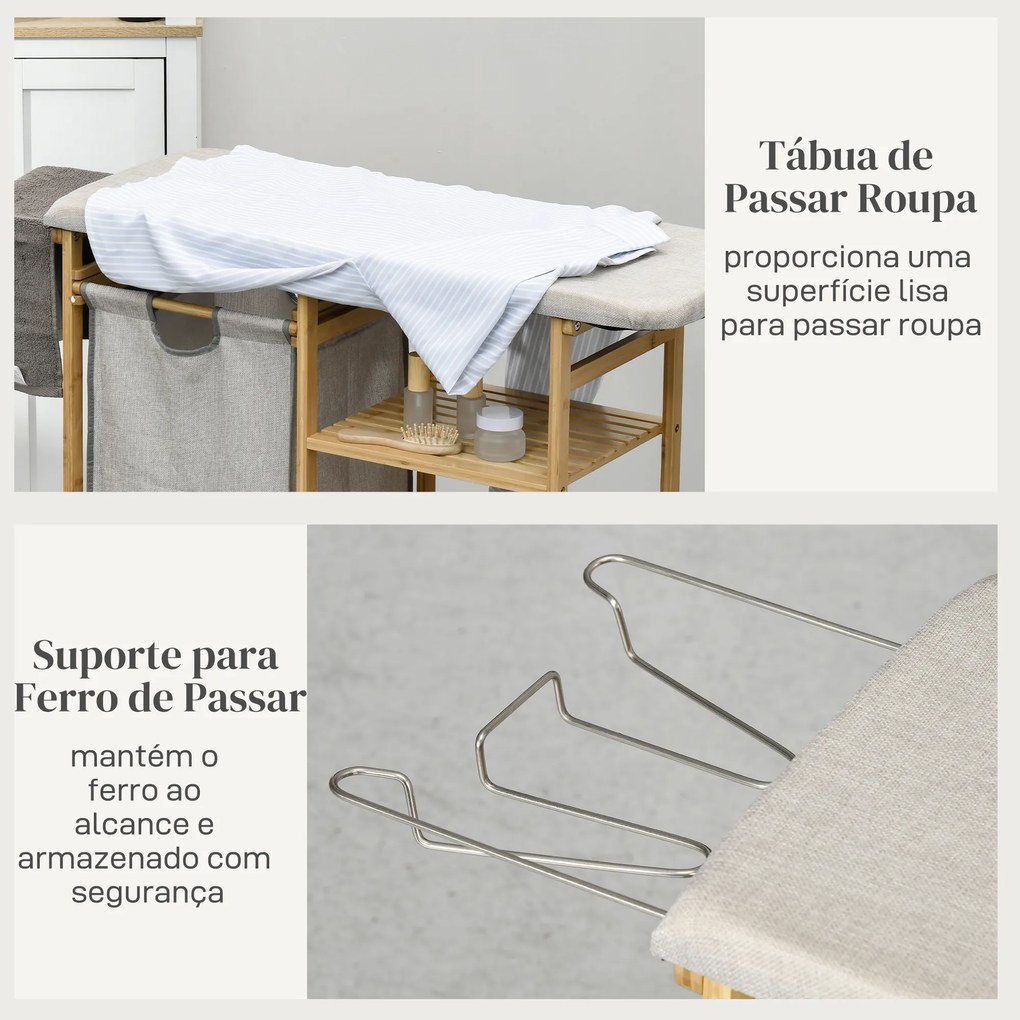 Cesto de Roupa Suja 57,4 L com Tábua de Passar Suporte para Ferro 3 Prateleiras e Bolsa Removível 113x34x82 cm Madeira e Cinza