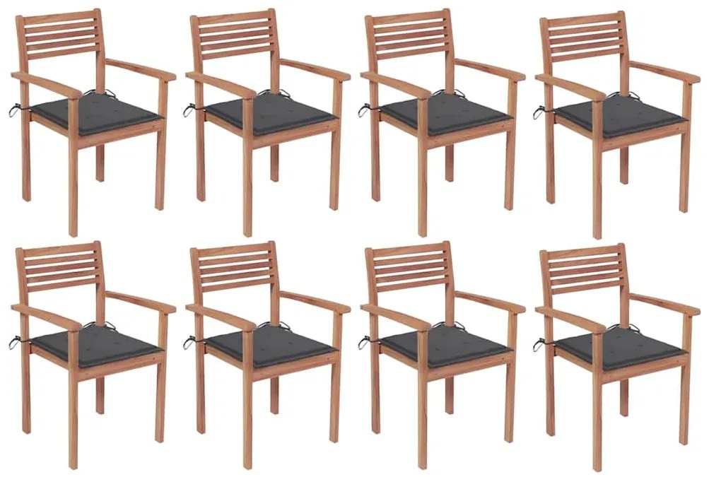 vidaXL Cadeiras de jardim empilháveis c/ almofadões 8 pcs teca maciça