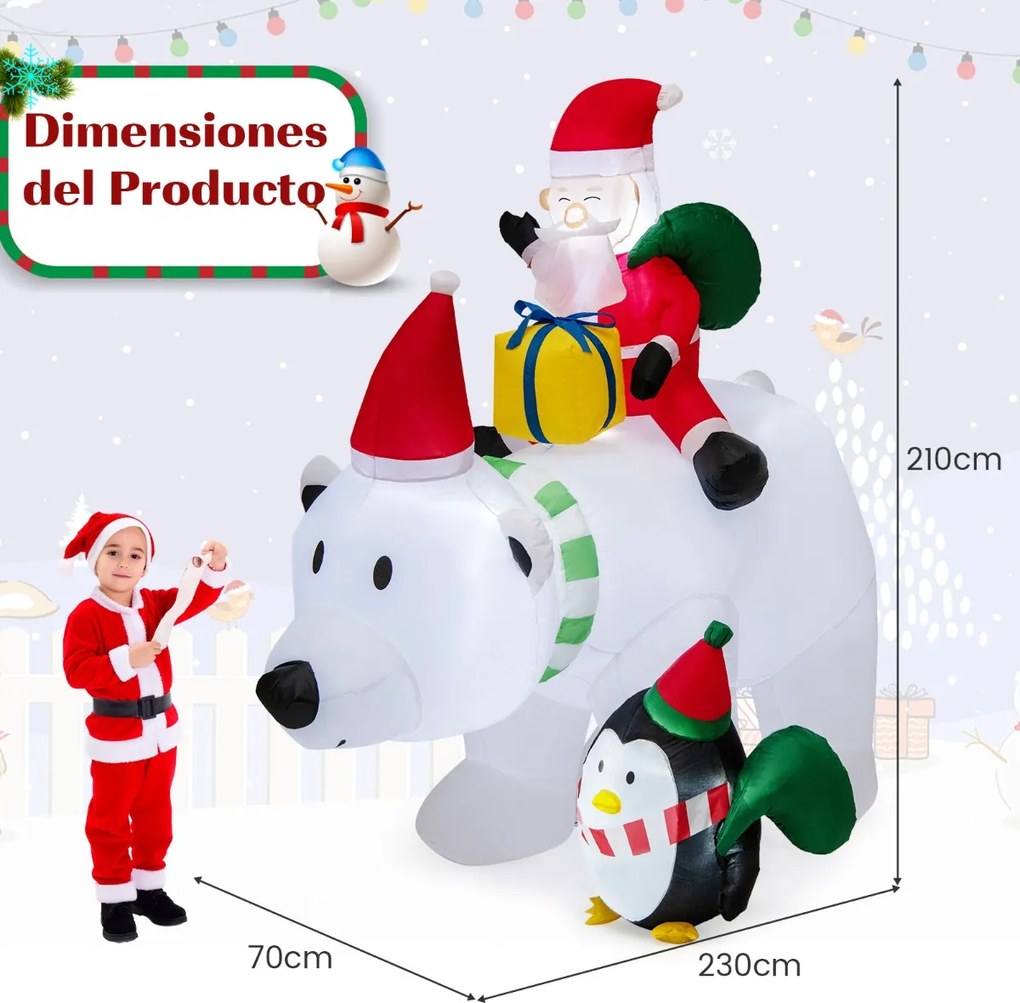 Urso polar insuflável de 210 cm com Pai Natal insuflável e pinguim Sacos de oferta Caixa de oferta Caixa de oferta Decoração de Natal insuflável Ilumi