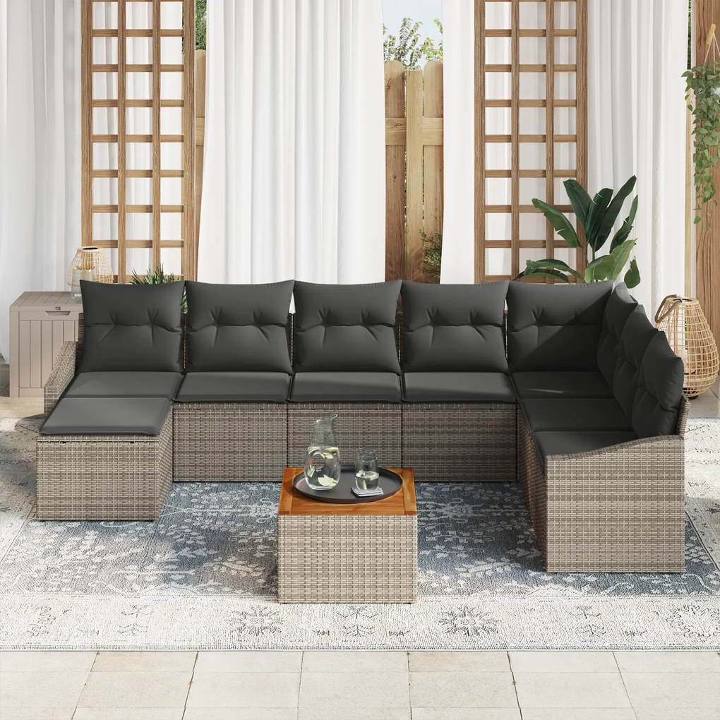 Conjunto de Sofá de Jardim de 9 Peças com Almofadas Cinzas Poli Rattan