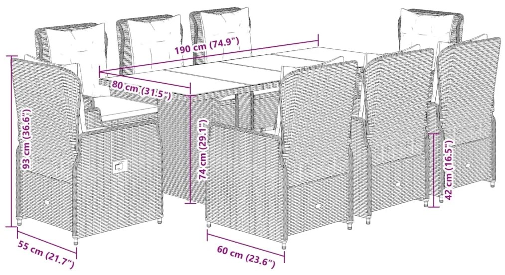 9 pcs conjunto de jantar p/ jardim c/ almofadões cinzento claro