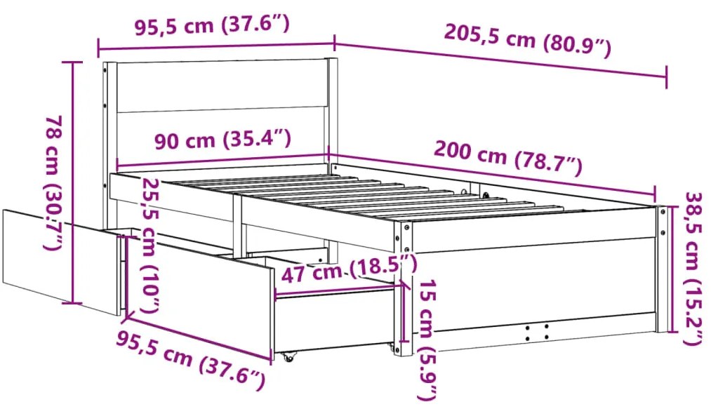 Cama sem colchão 90x200 cm pinho maciço castanho-mel