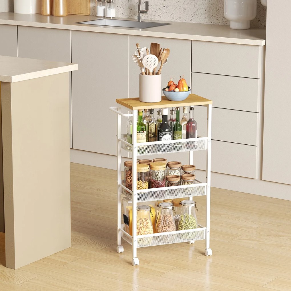 Carrinho cozinha 4 níveis estreito com rodas 22 x 45,4 x 77 cm cor carvalho e  branco