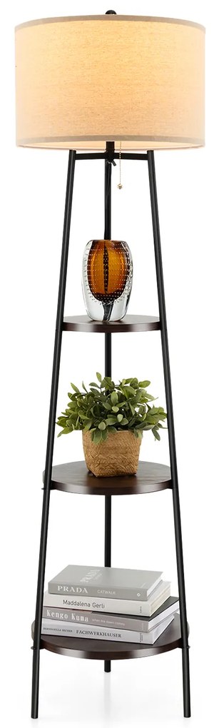 Candeeiro de pé com prateleiras de madeira 41 x 153 cm (Diâmetro x Altura), suporta até 15 kg, com abajur de linho Preto