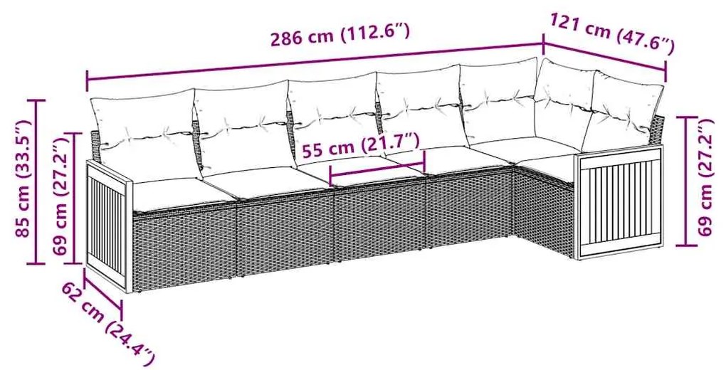 6 pcs conjunto sofás de jardim c/ almofadões vime PE preto