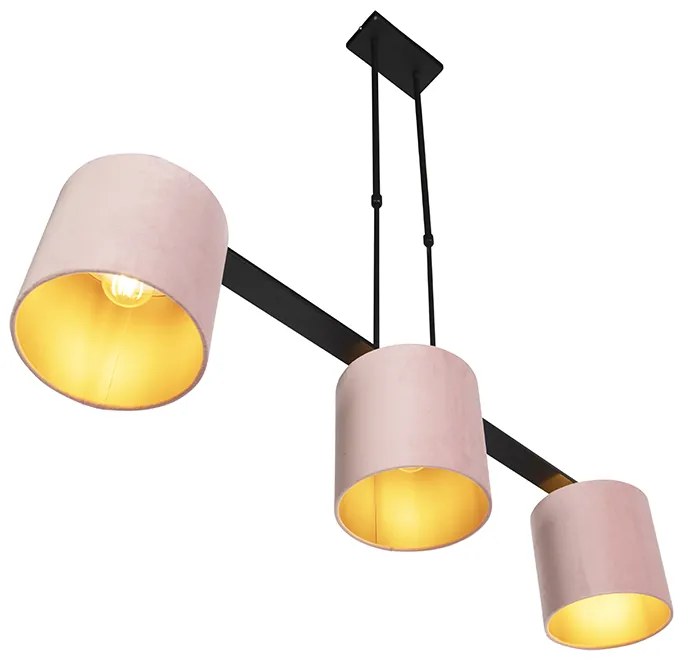 Candeeiro de suspensão com abajures de veludo rosa com dourado 20cm - Combi 3 Deluxe Clássico / Antigo