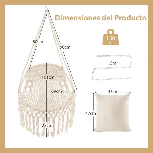 Conjunto de cadeira suspensa com suporte em forma de C, 2 almofadas macias e Estrutura metálica resistente até 150 kg bege