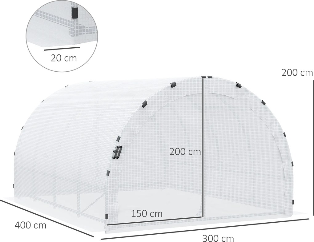 Estufa de jardim tipo túnel com área útil de 12 m² (4 m de comprimento x 3 m de largura x 2 m de altura), estrutura tubular reforçada de 25 mm, porta