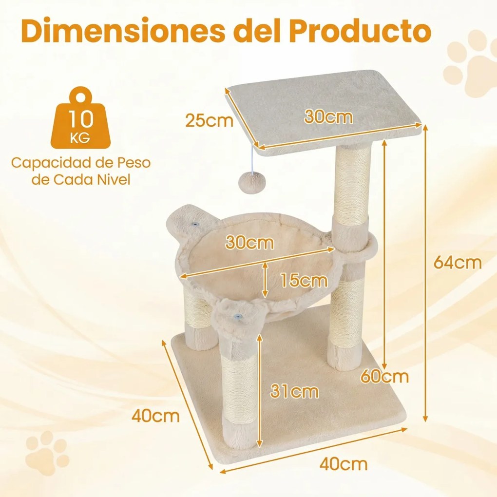 Arranhador para gatos 40 x 40 x 64 cm com rede, postes revestidos a sisal e bola de brincar bege