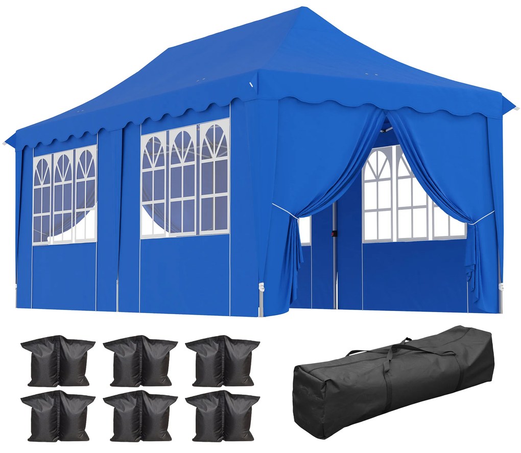 Outsunny Tenda Dobrável Pop Up 596x300x315 cm com 6 Paredes Laterais Anti-UV Altura Ajustável para Campismo Festas Azul | Aosom Portugal