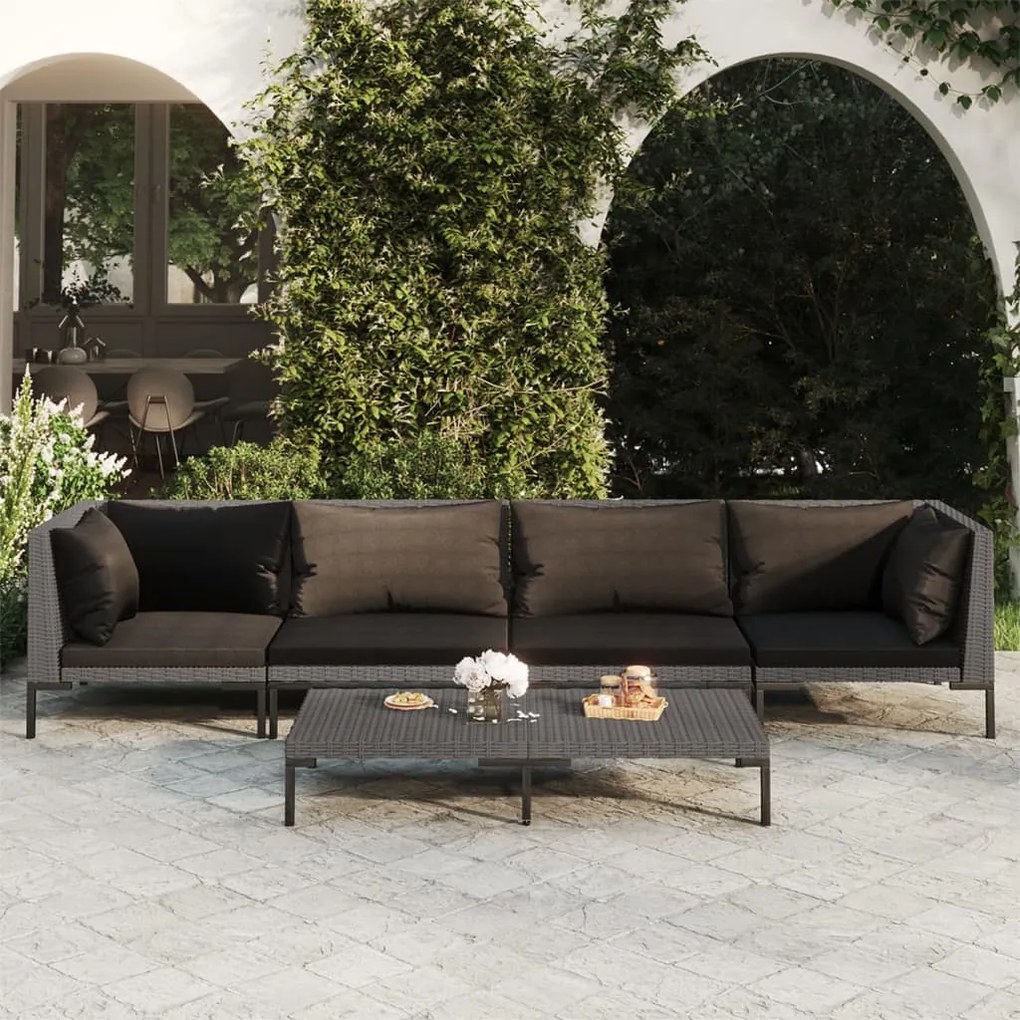 vidaXL 5 pcs conj. lounge jardim c/ almofadões vime PE cinza-escuro