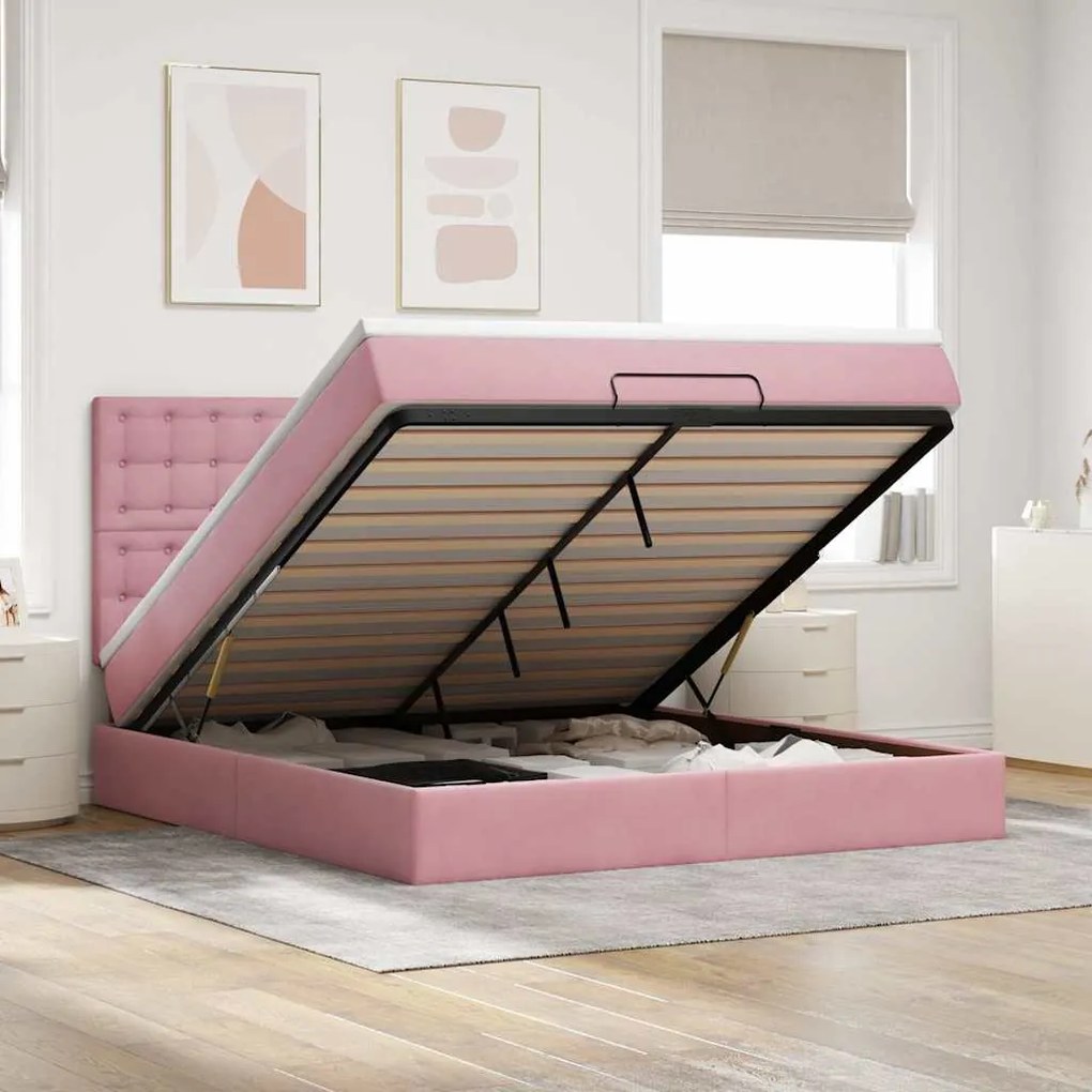 vidaXL Estrutura de cama otomana com colchões 160x200 cm veludo rosa