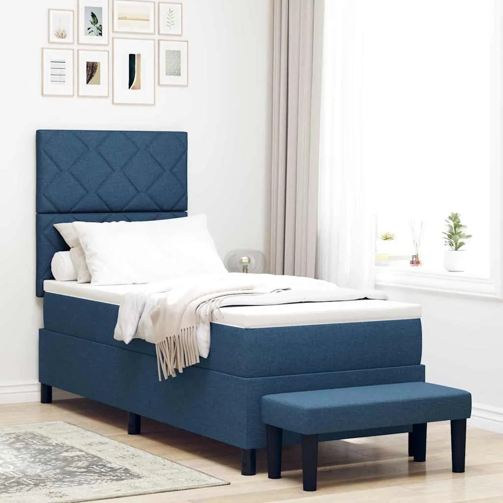 Cama Box Spring com Colchão &amp; Banco Azul 80x200 cm Tecido
