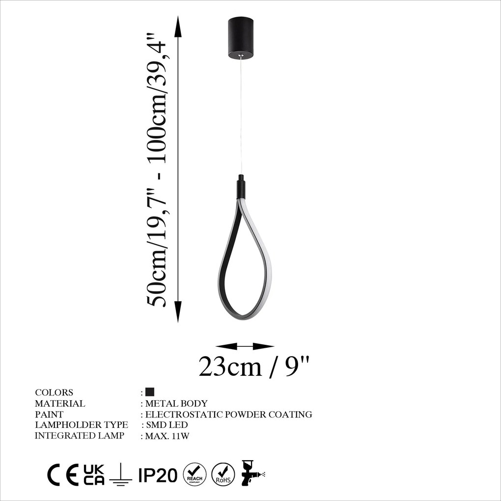 Candeeiro Suspenso Damla – Preto – 23x50-100x10 cm