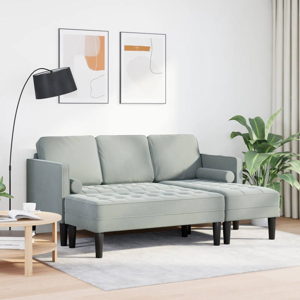 Sofá de Jardim vidaXL com Banco e Almofadas L-Shaped Veludo Cinzento C