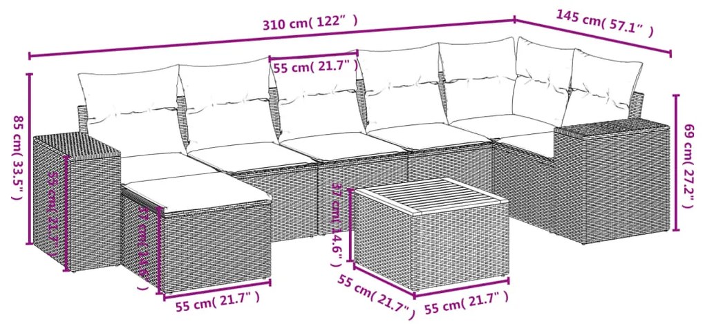 8 pcs conjunto sofás de jardim com almofadões vime PE preto