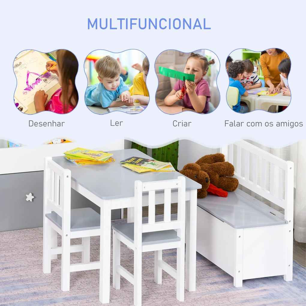 Conjunto Infantil de Mesa 2 Cadeiras e Banco com Armazenamento Móveis Infantil para Sala de Jogos  Branco e Cinza