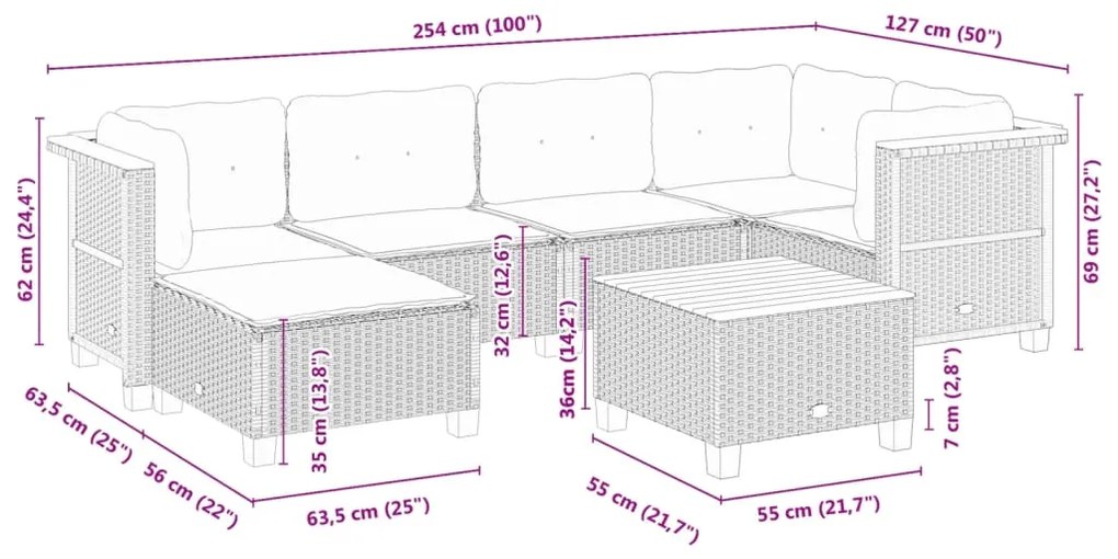 7 pcs conjunto de sofás p/ jardim c/ almofadões vime PE preto