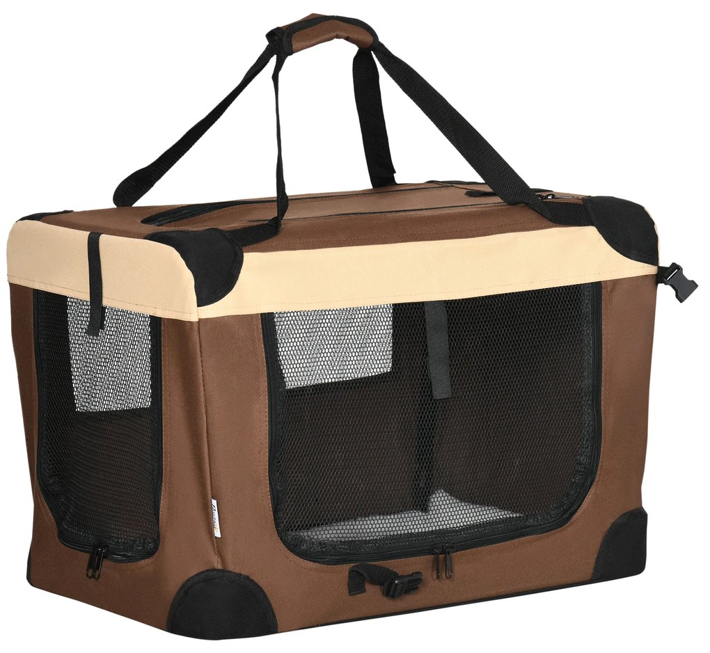 PawHut Bolsa Transporte Cães Gatos Dobrável Almofada Macia Fácil Limpeza 60x41x41cm Design Confortável Marrom Resistente | Aosom Portugal