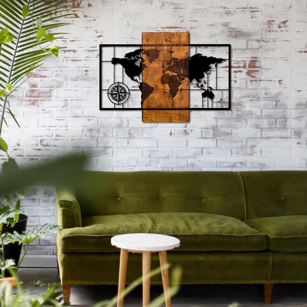 Acessório Decorativo de Parede World Map With Compass – Nogueira e Pre