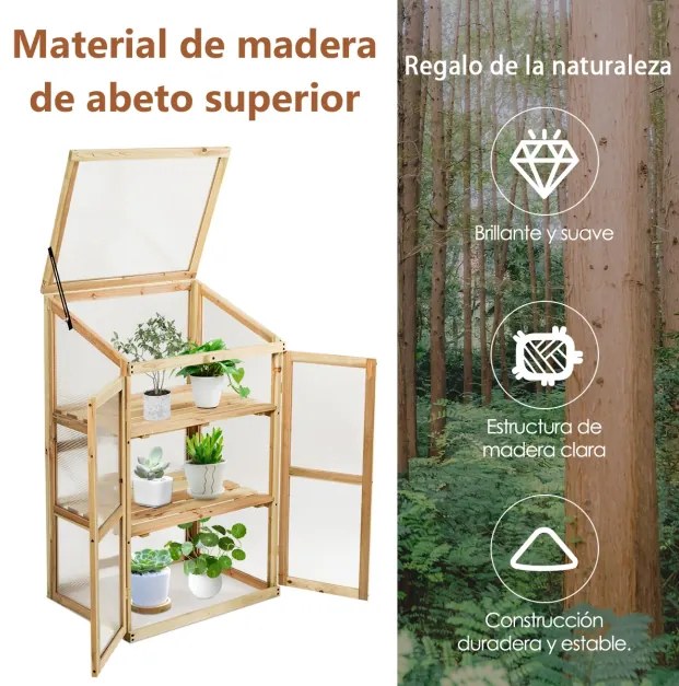 Mini estufa elevada de madeira com 3 níveis para vasos de exterior para jardim, varanda, pátio 60 x 45 x 100 cm