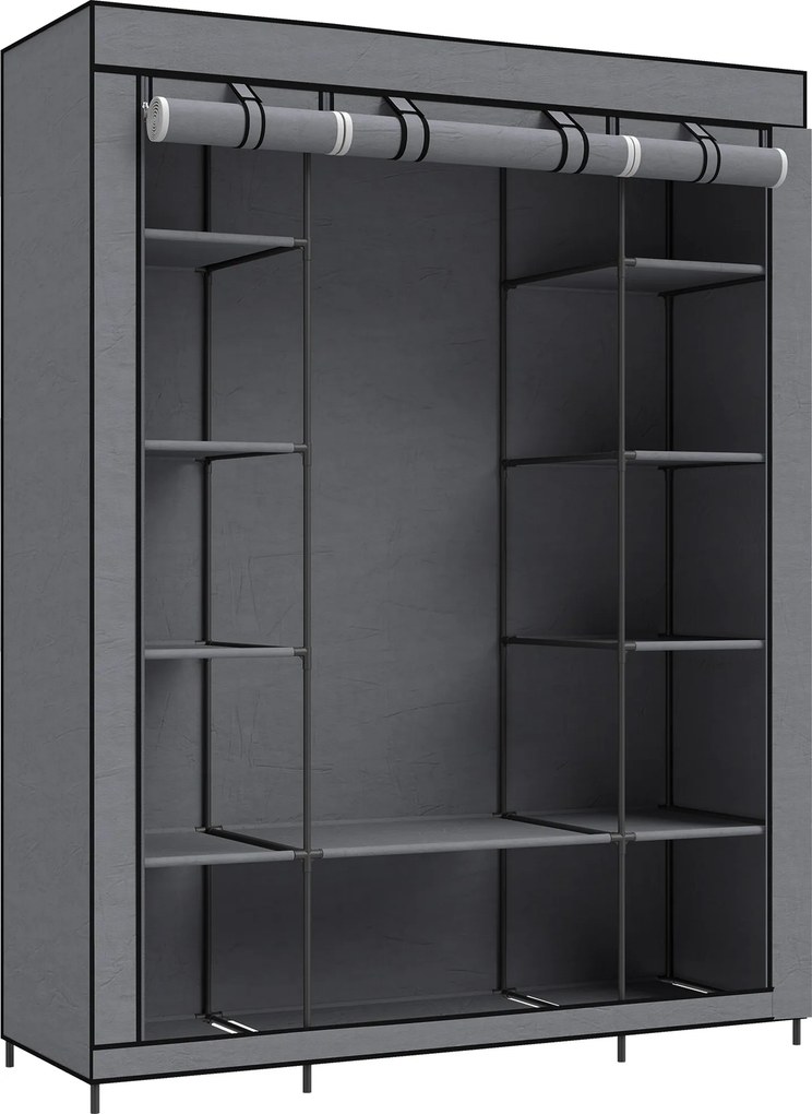 HOMCOM Guarda-roupa de Tecido Compacto com Barra de Cabide e 11 Prateleiras, 135x45x175 cm, para Quarto, Cinza | Aosom Portugal
