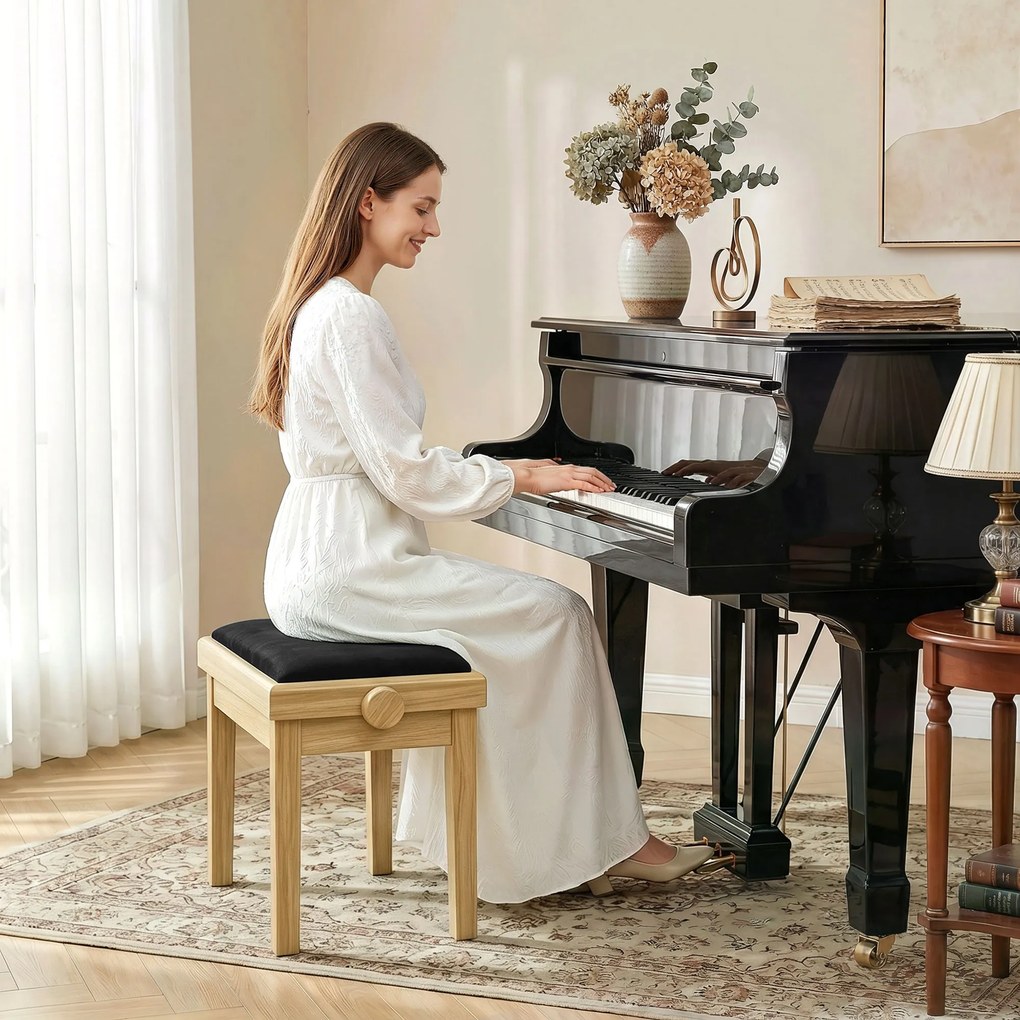 Banco de piano 61,5 L x 33 P x 45-56 A cm ajustável em altura de 45 a 56 cm, banco de teclado, assento almofadado em veludo, madeira natural