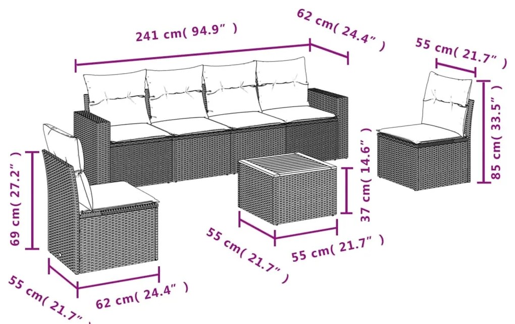 7 pcs conj. sofás jardim c/ almofadões vime PE bege misturado