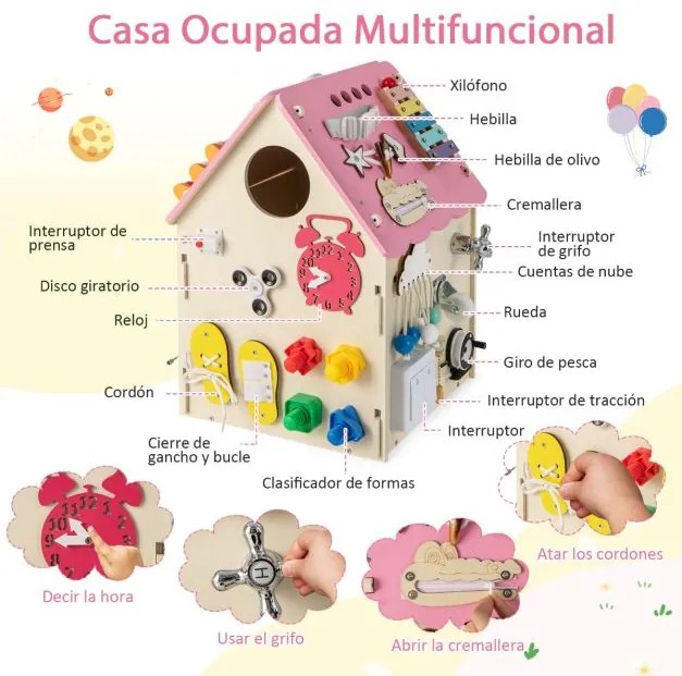 Casa de actividades em madeira com parque infantil sensorial e espaço de arrumação no interior Brinquedo educativo para 3+ anos 33 x 33 x 45 cm Rosa