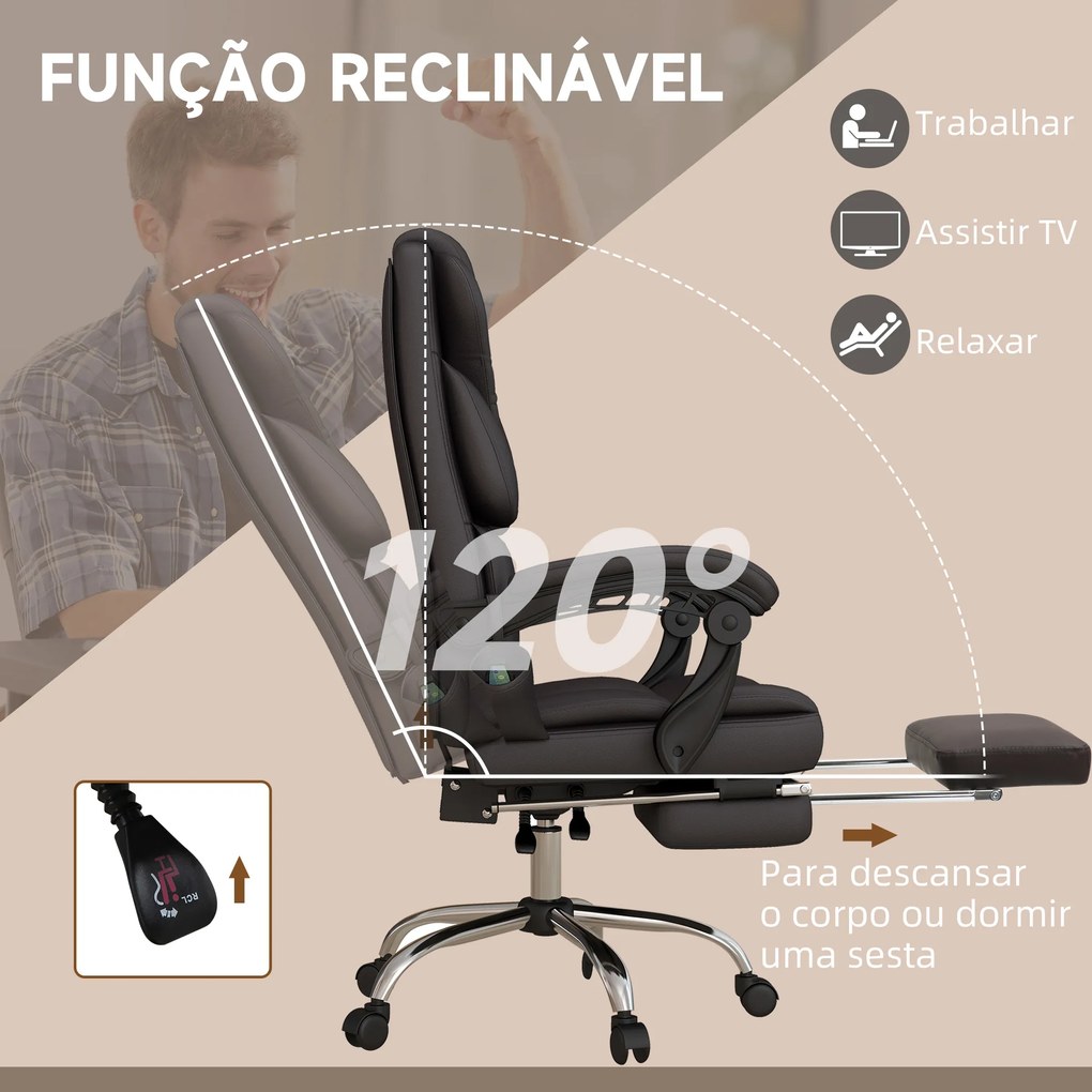 Cadeira de Escritório com 6 Pontos de Massagem Reclinável de PU com Controlo Remoto e Altura Ajustável 63x57x118-126 cm