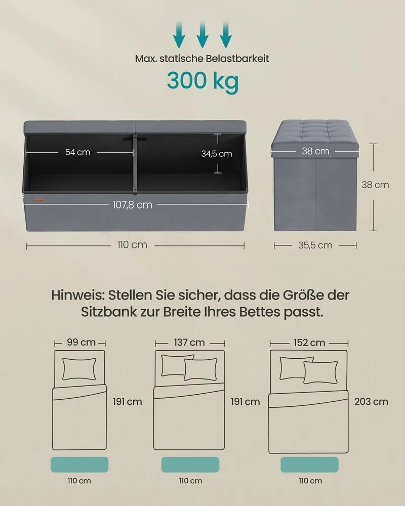 Banco com espaço de arrumação e tampa rebatível 38 x 110 x 38 cm cinzento ardósia