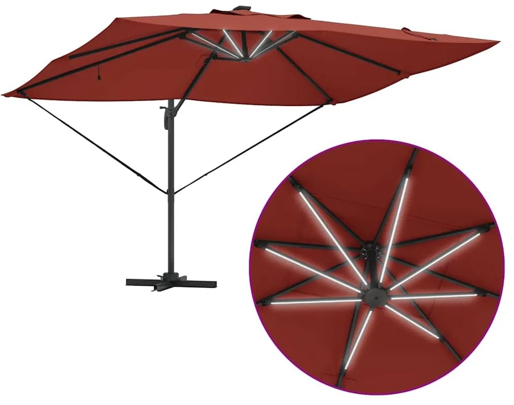 Guarda-Sol Roma Cantilever com LEDs Terracota 352x251x265 cm - Alumíni