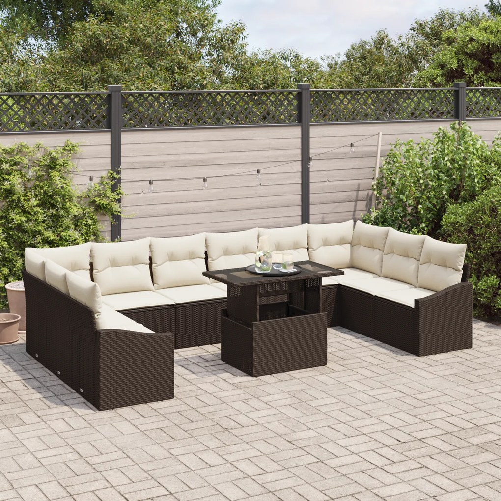 Conjunto de Sofá de Jardim com 11 Peças e Almofadas Castanho em Rattan