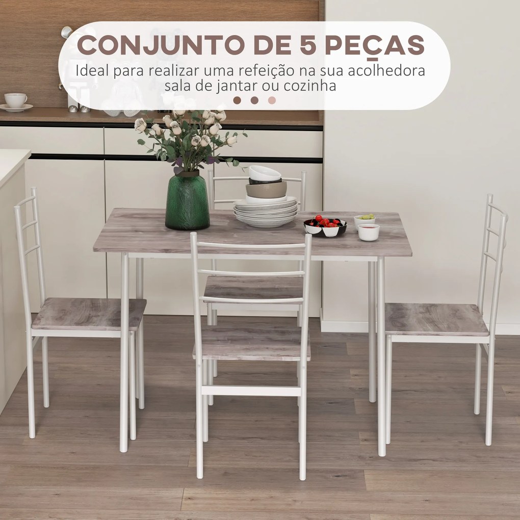 Conjunto de Refeição 5 Peças Conjunto de Mesa e 4 Cadeiras para 4 Pessoas com Estrutura de Aço 110x70x75 cm Madeira e Branco