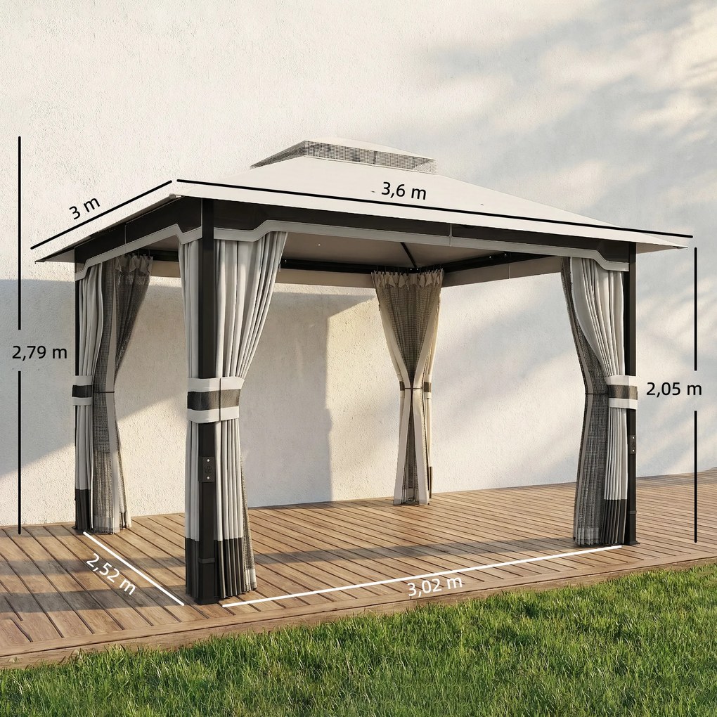 Pérgola de Jardim 360x300x279 cm com Duplo Teto 4 Paredes Laterais e Rede Mosquiteira Estrutura Metálica Cinza Claro