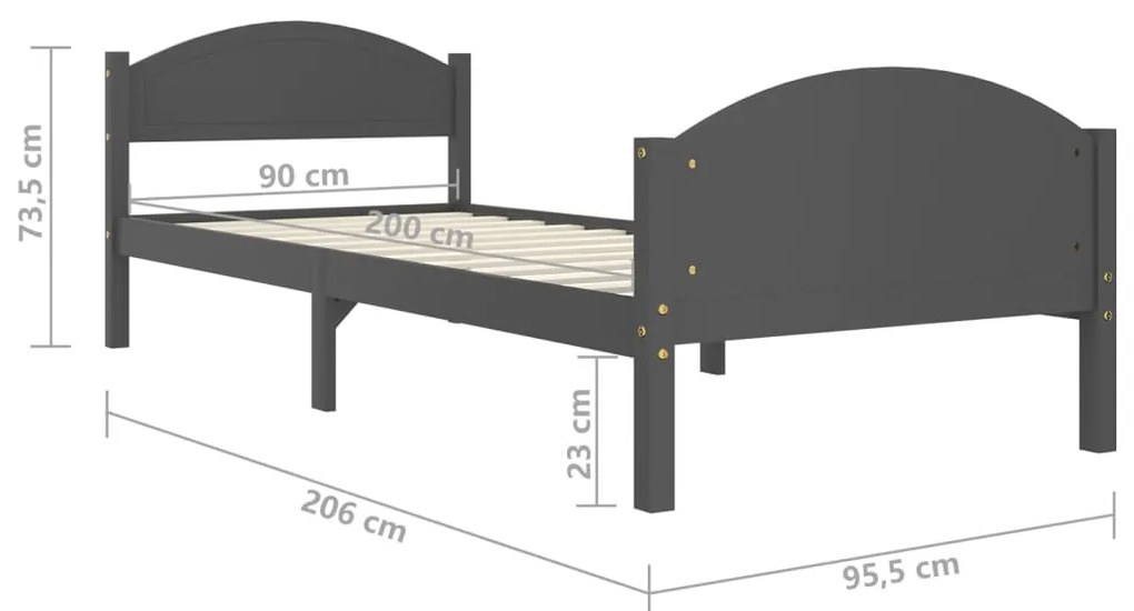 Estrutura de cama 90x200 cm madeira pinho maciço cinza-escuro