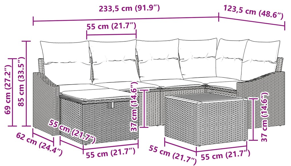 Conjunto de Sofás de Jardim de 7 Peças com Almofadas Bege Rattan Polié