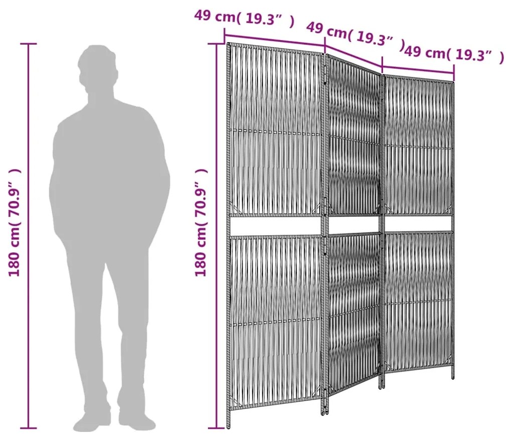 Biombo de divisão 3 painéis vime PE castanho