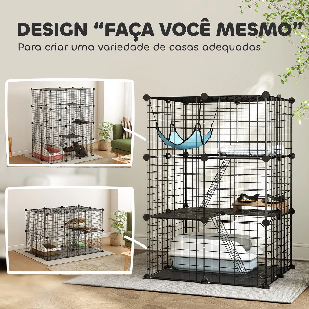 Gaiola Interior para Gatos de 3 Níveis em Aço com 3 Portas, 2 Escadas e Rede, 70x70x105 cm, Preto
