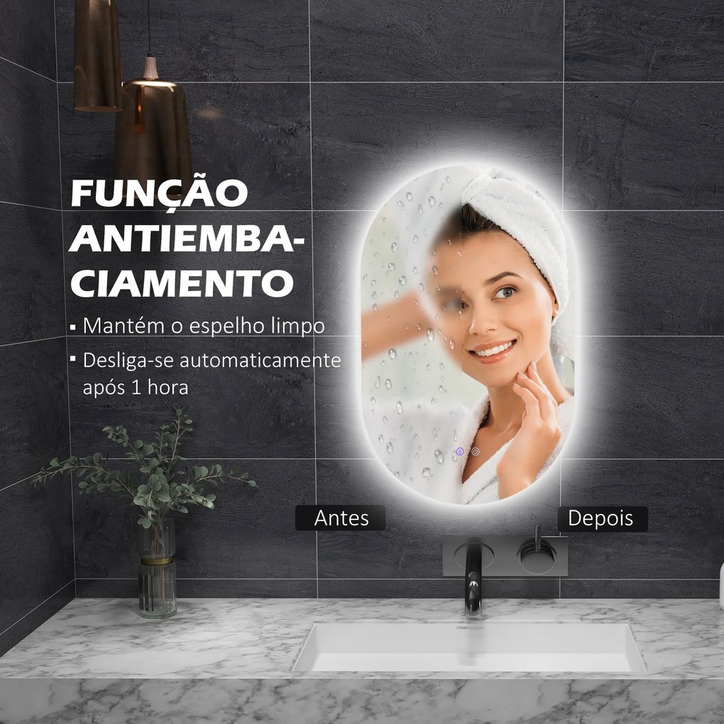 kleankin Espelho Casa de Banho com Luzes LED 81x51 cm Espelho de Parede com 3 Cores Ajustáveis Função Antiembaciamento Interruptor Tátil Horizontal ou Vertical Prata